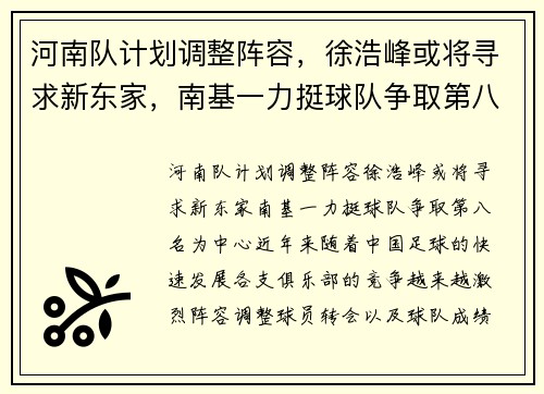 河南队计划调整阵容，徐浩峰或将寻求新东家，南基一力挺球队争取第八名