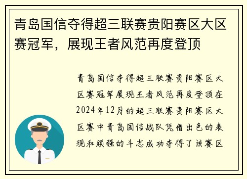 青岛国信夺得超三联赛贵阳赛区大区赛冠军，展现王者风范再度登顶