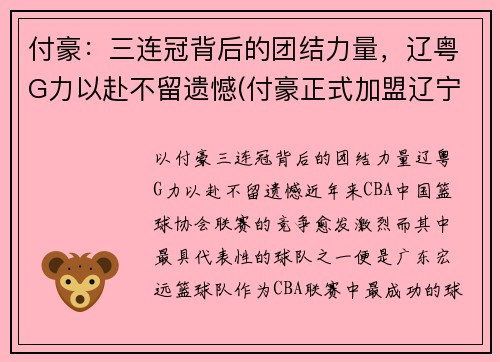 付豪：三连冠背后的团结力量，辽粤G力以赴不留遗憾(付豪正式加盟辽宁)