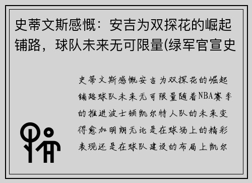 史蒂文斯感慨：安吉为双探花的崛起铺路，球队未来无可限量(绿军官宣史蒂文斯接替安吉 出任球队篮球运营总裁)