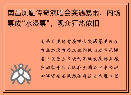 南昌凤凰传奇演唱会突遇暴雨，内场票成“水浸票”，观众狂热依旧